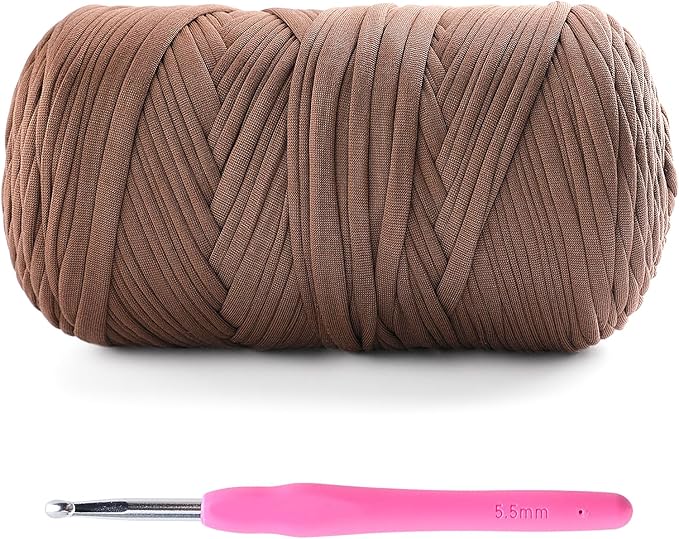 Tshirt Yarn for Crochet - 400 g/130 yds T Shirt Yarn for Crocheting Bags/Baskets/Home Decor - Soft Elastic Fabric T-Shirt Yarn with 1 Crochet Hook (1, Coffee)