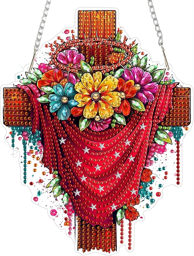 MOGTAA Easter Cross Diamond Art Hanging Kits for Adults Beginners, Flowers Diamond Art Suncatchers, 5D Special Shape Diamond Painting Window Pendant Kit for Home Garden Wall Decor
