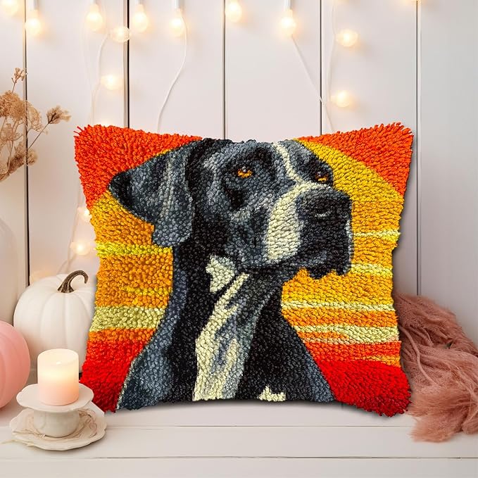 DIY Latch Hook Pillow Kits for Adults Great Dane Dog with Sunset Printed Pillowcase Crochet Yarns Hooking Handmade Pillow Cover Cushion for Home Sofa Decoration 17x17inch-1