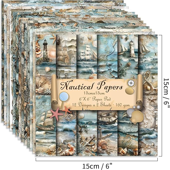 6x6" 160gsm cardstock Single Sided Scrapbooking 24 Paper Pad vintage decoupage scrapbook kit patterned paper junk journal supplies journaling supply scrap crafting.Nautical