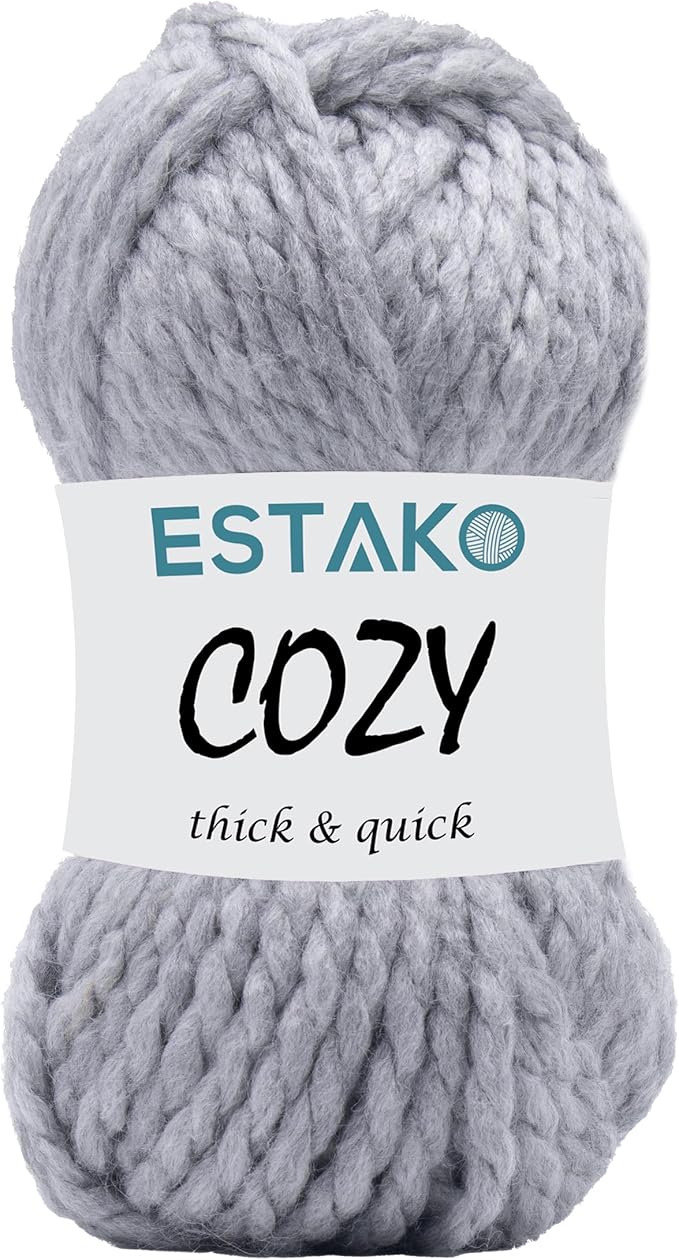 Estako Cozy Thick & Quick Yarn 20% Wool 80% Acrylic Soft Super Bulky Weight #6 Knitting and Crocheting Yarn 3.52 oz (100gr) 65 yds (60 m) (59055-Grey)
