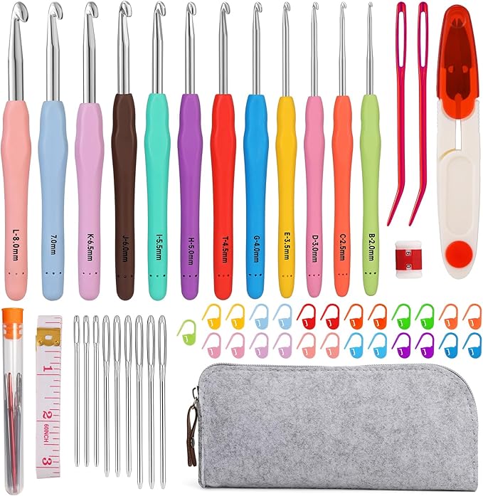 Mayboos 12 Sizes Crochet Hook Set, 53 Pack Crochet Hooks Yarn Needle Kits Knitting Needles with Ergonomic Handles for Crocheters Beginners 2.0mm~8.0mm