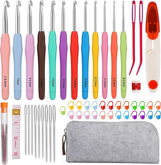 Mayboos 12 Sizes Crochet Hook Set, 53 Pack Crochet Hooks Yarn Needle Kits Knitting Needles with Ergonomic Handles for Crocheters Beginners 2.0mm~8.0mm
