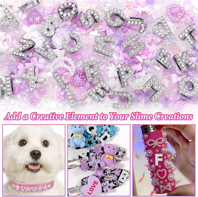 330 Pcs Purple Junk Phone Case Charms 26 Pcs A-Z Rhinestone Alphabet Letter Charms, Mix Flower Bow Heart Pearls Flatback Resin Charms Letter Junk Cases Kit for DIY Crafts