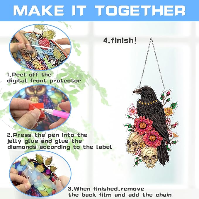 VAIIEYO Skull Diamond Art Hanging Ornament, Crow Flower Diamond Painting Suncatchers Window Hanging Kit with Chain, 7.5x7.5 inch Crystal Pendant Art Craft for Gift Home Wall Front Door Decoration