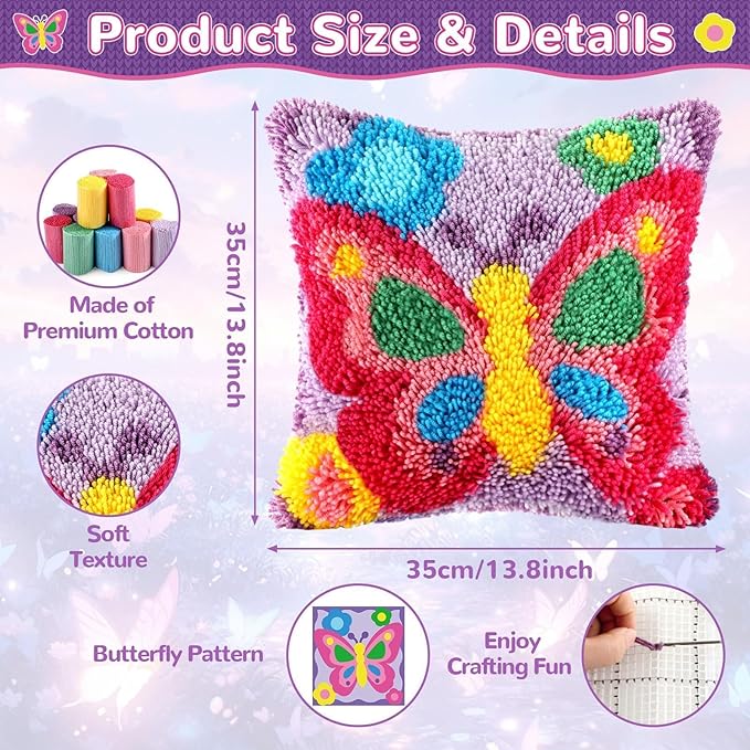 Butterfly Latch Hook Kit Butterfly Floral Pillow DIY Valentine Craft Kit for Kids Adults Beginners Making Your Own Pillow Craft Printed Pillowcase Crochet Yarn Art Handmade Cushion Gift for Sofa Decor