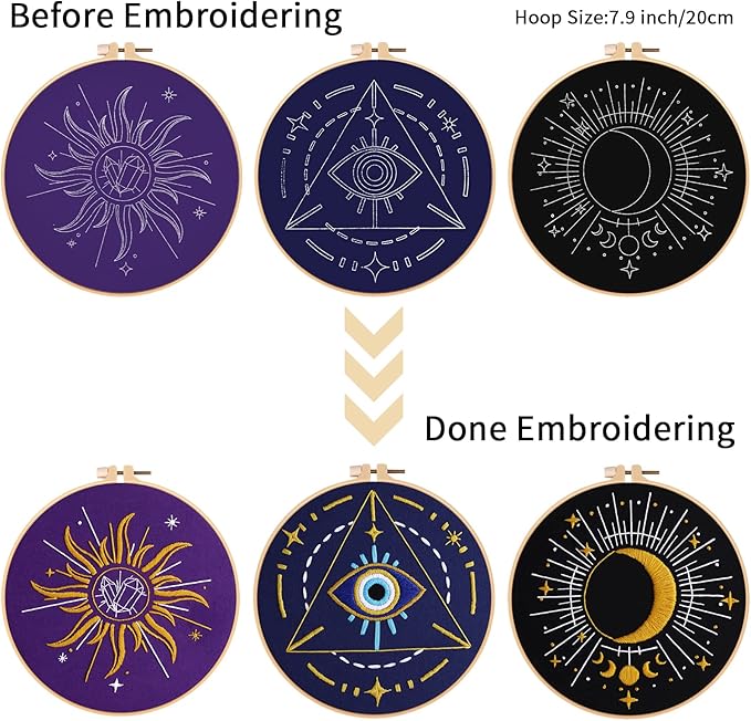 Louise Maelys 3 Set Tarot Embroidery Kits for Beginners with Sun Moon Evil Eye Pattern,Adults Starter Cross Stitch Kit DIY Needlepoint
