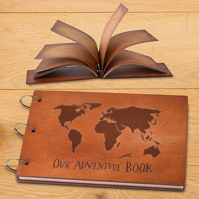 Our Adventure Book 3D Wooden Cover Scrapbook - 11.92 x 7.62" Timeless Memory Journal for Unforgettable Adventures & Precious Moments - Ideal for Anniversaries, Travel & Couple Gifts (3D Map Style)
