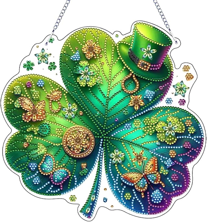 VODAPYC Saint Patrick's Day Diamond Art Hanging Kits for Adults, DIY Double Sided Special Shaped Diamonds Painting Window Pendant Ornament for Home Decor (St-Patrick's Cap)