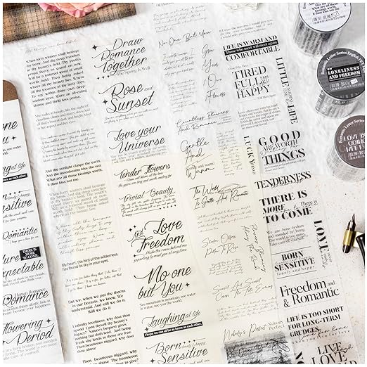 PET Tape Stickers for Scrapbooking Supplies, 6 Rolls of Lettering Themed Journal Stickers for Scrapbooking, Journaling, Junk Journal Supplies, DIY Crafts (Romance)