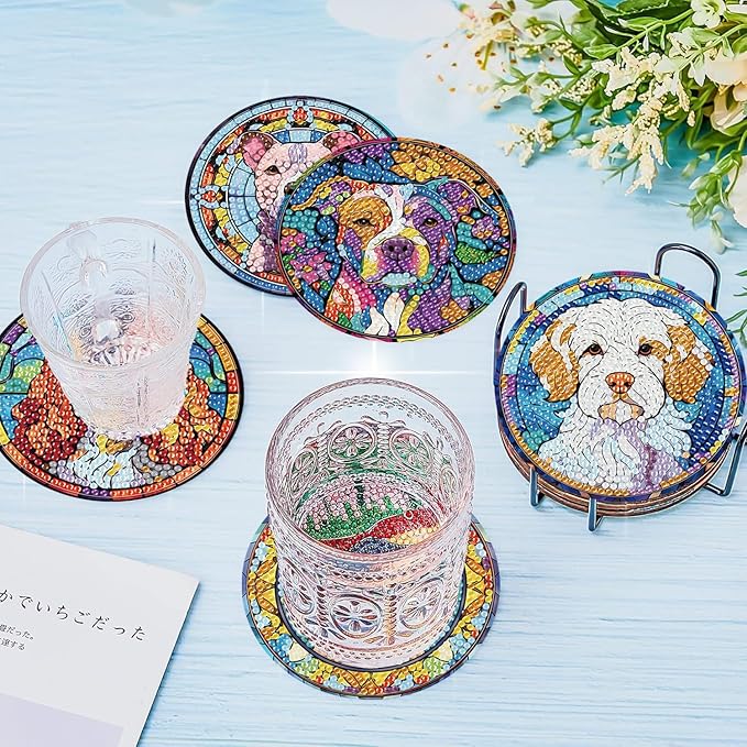 igoodom 8 Pcs Dog Diamond Art Coasters Kit with Holder, DIY Stained Glass Style Dog Diamond Painting Coasters for Beginners Adults, Non Slip Diamond Art Kits Craft Supplies 4x4in