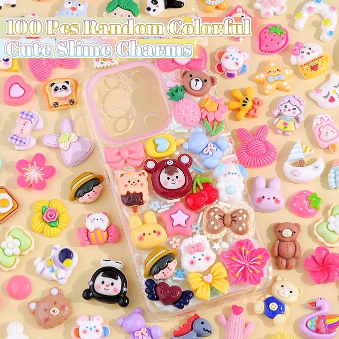 100PCS Slime Charms Cute Flatback Resin Charms for Slime, Random Kawaii Decoden Charm for Embellishments Phone Junk Case Charms Bulk, Hairpins Scrapbooking Crafting & DIY Decor (Multicolor)