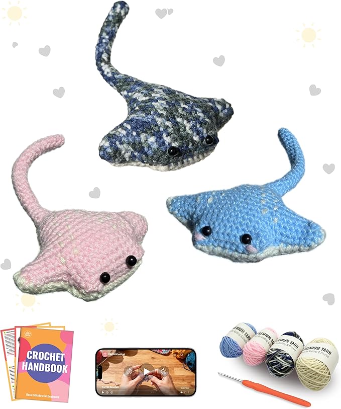 PAITIN Crochet Kit for Beginners – DIY Manta Ray Crochet Craft Project, Easy Handmade Yarn Art Kit for Adults with Step-by-Step Video Tutorial