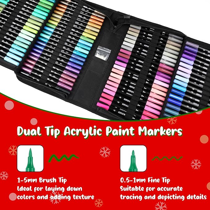 120 colors acrylic paint markers, dual tip fine and brush tips pens contain 24 metallic color for stone, wood, calligraphy, canvas, ceramic, metal, glass, rock painting, diy crafts art supplies kit