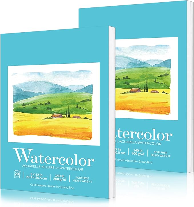 2Pack Watercolor Sketchbook, Watercolor Paper Pad 9" x12” 140lb/300gsm, Water Color Pad Journal and Sketchbook for Adults & Kids, Markers and Art Journaling