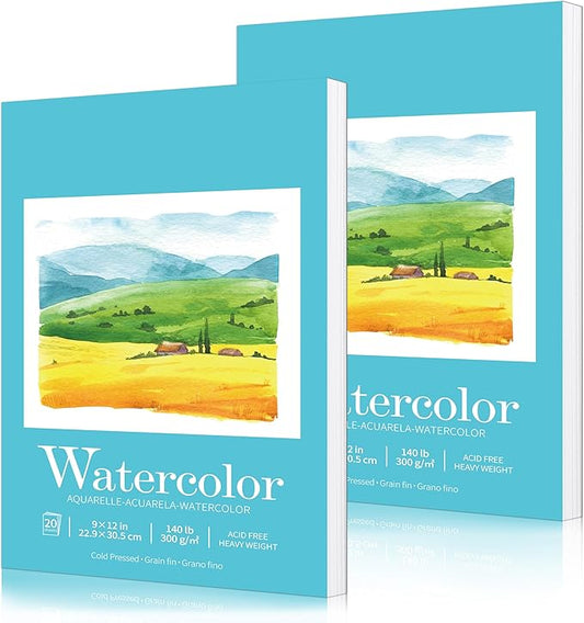 2Pack Watercolor Sketchbook, Watercolor Paper Pad 9" x12” 140lb/300gsm, Water Color Pad Journal and Sketchbook for Adults & Kids, Markers and Art Journaling