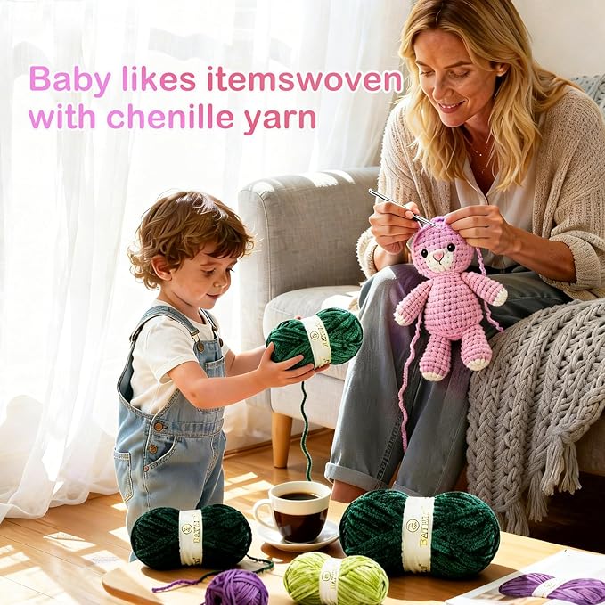 Velvet Chenille Yarn for Crocheting & Knitting 1440 Yards, Soft Thick Fluffy Bulky Blanket Yarn, 4 Pack of 10.5oz (Pear Green)