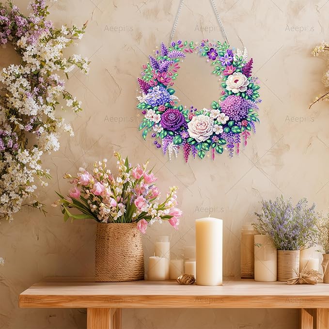 Aeepics Hanging Diamond Art Kit for Adult, DIY Diamonds Painting Pendant Ornament Kit, Acrylic Diamond Art Painting Board Kit (Purple Flower Wreath)