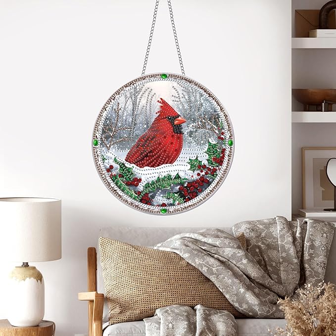 Pavemlo Hanging Diamond Art Kits for Adults Christmas Bird – 8x8 Inch Double-Sided Acrylic Board DIY Crystal Diamond Suncatcher Pendant, Sparkling Home Wall or Window Decoration Handmade Gift