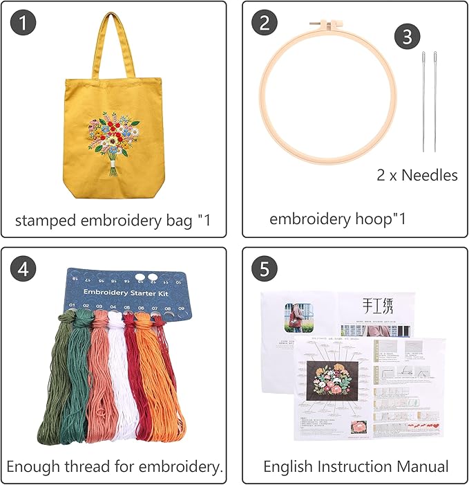 MAMUNU Canvas Tote Bag Embroidery Kit with Pattern for Beginners, Arts and DIY Crafts Kits for Adults, Include Instructions Embroidery Bag, Embroidery Hoops, Color Threads and Tool (Yellow)
