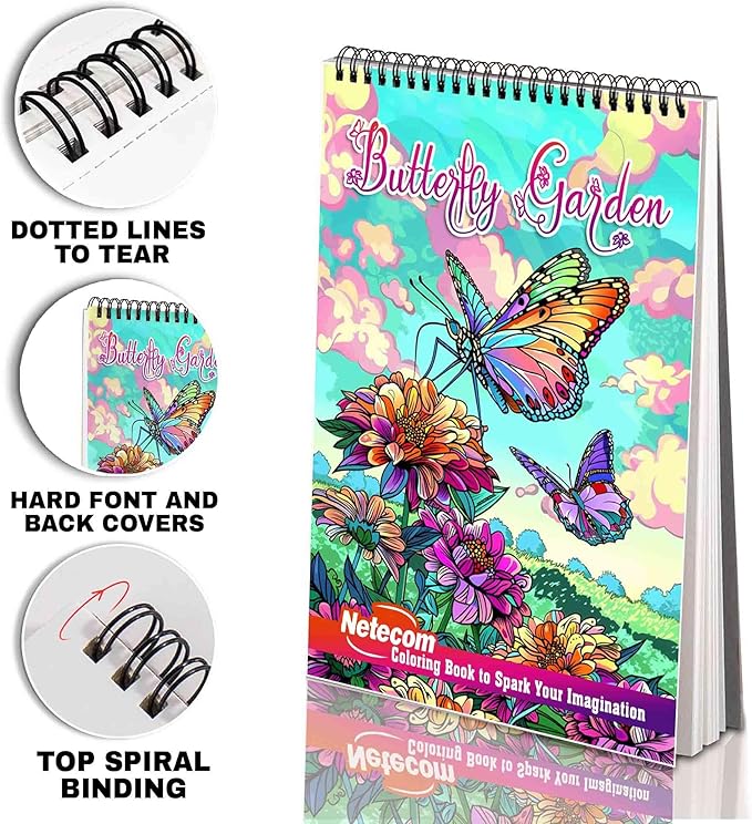 Netecom Butterfly Garden Adult Coloring Book for Adults, Spiral Bound Softcover, 30 Detailed Butterfly Garden Scenes for Stress Relief and Relaxation