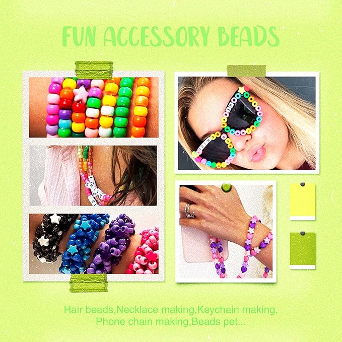 1000+PCS Assorted Pony Beads for Bracelets, 9mm Acrylic Rave Kandi Bead Bulk with Cute Heart Star Butterfly Fun Shaped Beads for Hair Braid Keychain Charms Jewelry Making DIY Crafts