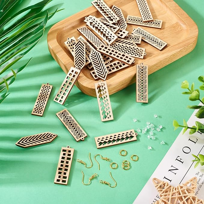 Elecrelive 30pcs Rectangle Wooden Earring Charms Unfinished Wood Filigree Charms & Earring Hooks Jump Rings Ear Nuts for DIY Earring Necklace Jewelry Making