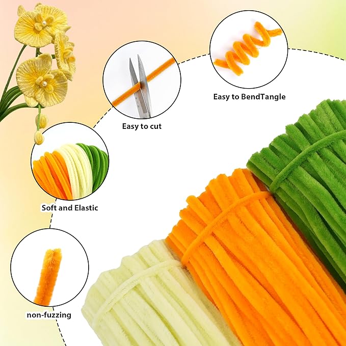 300 Pcs Thick Pipe Cleaners,Craft Supplies Floral Bonquet,DIY Flower Making Kit for Starter with Floral Wires, Gardening Tape,Stamen (Gold+Yellow+Green)