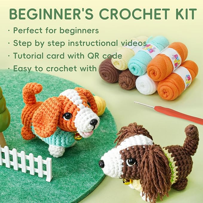 LUDOTEK Crochet Kit for Beginners, Crochet Animal Kits,Crocheting Kit for Starters with Step-by-Step Video Tutorials, Beginner Crochet Kits for Adults(2 Pack Dog)