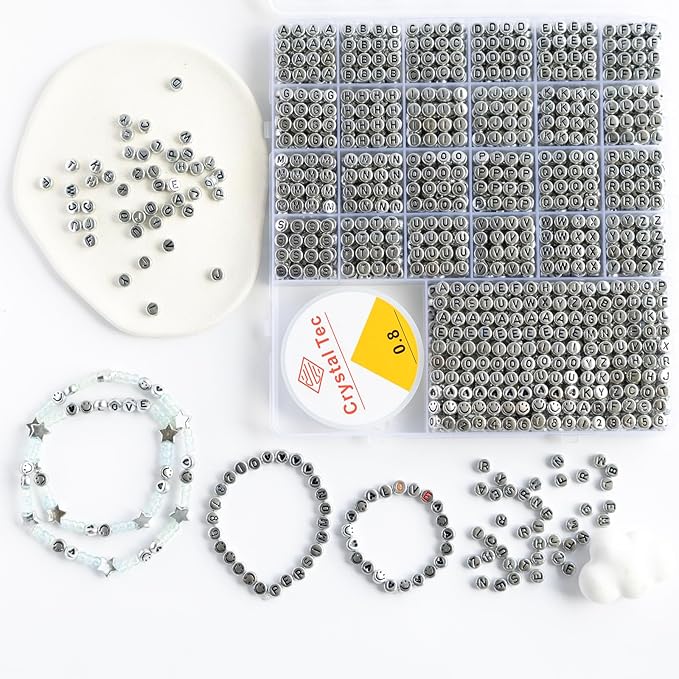 nikkiGuo 1250 PCS Letter Beads Kit with Elastic Cord – Alphabet A–Z, Numbers, Heart, Moon, Star, Smiley Beads for Friendship Bracelets & DIY Jewelry (Sliver Beads & Black Letters)