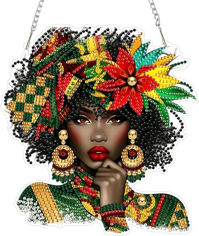 Lxmsja DIY Afro Woman Diamond Painting Hanging Ornament, Double-Sided Acrylic Black Woman Diamond Art Kit, Special Shaped Suncatcher Hanging Pendant Window Art Kit