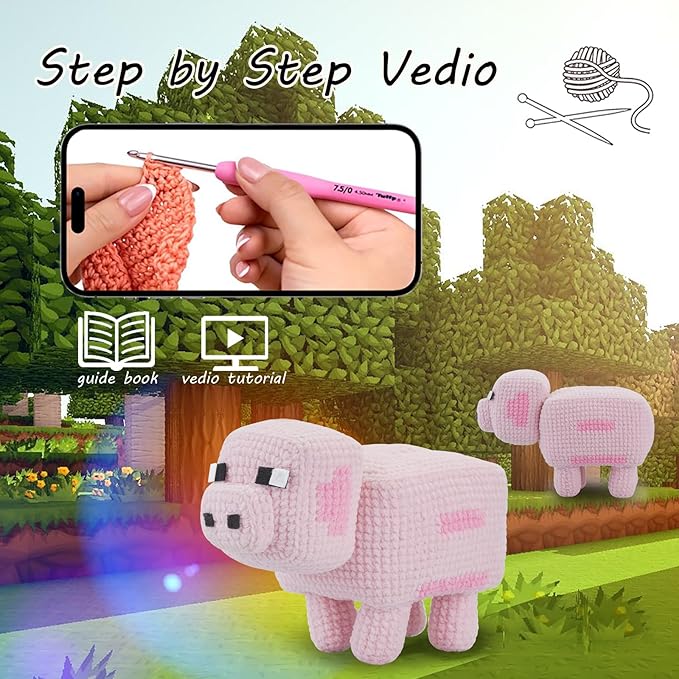 Crochet Kit for Beginners, Pig Crochet Kit for Adults with Step-by-Step Video Tutorials,Learn to Craft Amigurumi Stuffed crochet Animal kit,Knitting Kit for Birthday