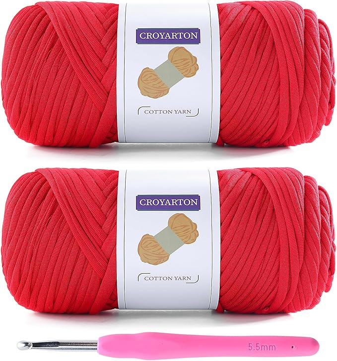 2 Pack T Shirt Yarn for Crocheting with 1 Crochet Hook, Elastic Tshirt Yarn for Crochet Bag/Baskets/Home Decor, Spaghetti Yarn Thick Knitting Yarn Total Length 130 Yds, Weight 14 Oz (Red)