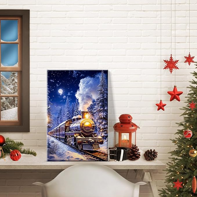 JOOZ Christmas Paint by Numbers Kit for Adults with Frame Train Paint by Number with Easel Christmas Tree Adult Paint by Number Kits Framed DIY Moon Oil Painting Kits for Home Wall Decor 8x12 Inch