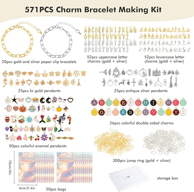 Zplontya Charm Bracelet Making Kit - 571 Pcs Jewelry Supplies with 20Pcs Bracelet Chains, Storage Box & Gift Bags, DIY Bracelet Kit for Jewelry Making, Gold & Silver Charms for Crafting
