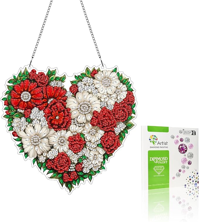 VAIIEYO Flower Diamond Art Hanging Ornament, Heart Diamond Painting Suncatchers Window Hanging Kit with Chain, 7.5x7.5 inch Crystal Pendant Art Craft for Gift Home Wall Front Door Decoration