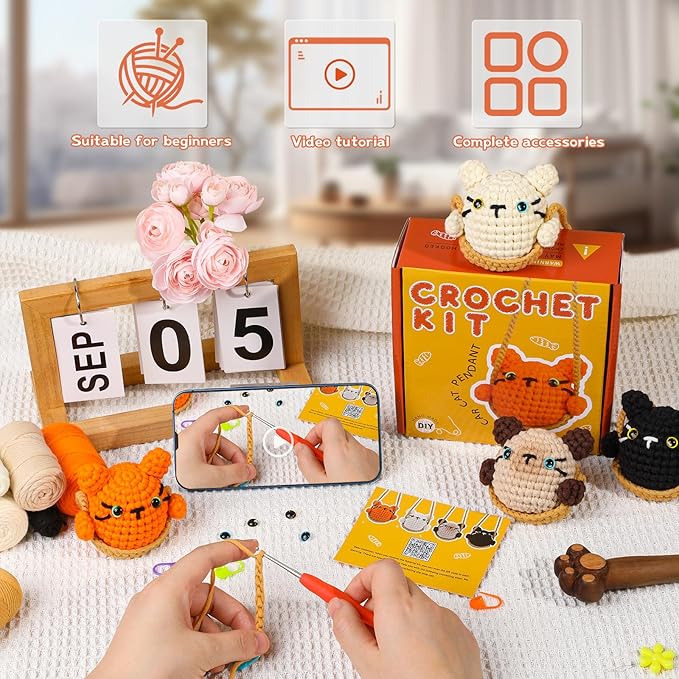 Kogyxe Crochet Kit for Beginners, Crochet Animal Kit for Decoration Car Hanging Ornament, Cat Knitting Kit with Yarn Crochet Hook, Crochet Starter Kit with Step-by-Step Video Tutorials