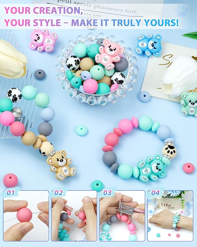 124PCS FIVEIZERO Silicone Focal Beads for Keychain Making, Animal Bear, 15mm Round 12mm Lentil & 10mm Rhinestone Beads for Pens, Bracelets & Crafts with Elastic Cord & Scissors