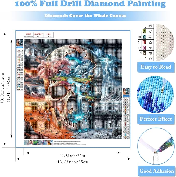 Skull Diamond Art Kits for Adults, Skull Diamond Painting for Beginners, Diamond Dot, 5D Dimond Art Paintings Kit, Gem Painting Kit, Crafts for Adults, Crystal Art, Home Wall Decor Gifts (14x14inch)