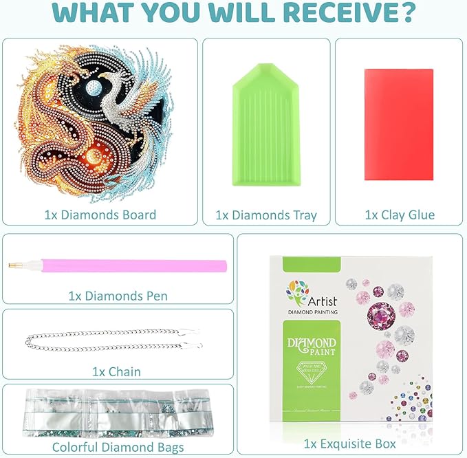 MEIYUDA Dargon Phoenix Diamond Art Hanging Kits for Adult, Yin Yang Diamond Painting Hanging Kits Ornaments, DIY Special Shaped Rhinestone Window Pendants Kit for Home Garden Wall Decor Gift
