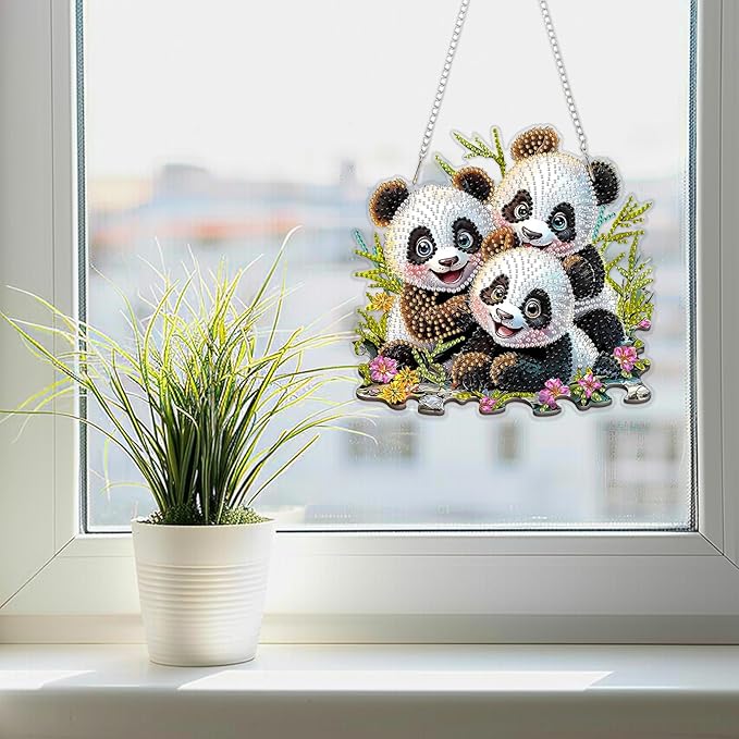 SENQAO Panda Hanging Diamond Art Painting Kits for Adults Beginners, 5D Special Shape Diamond Art Kits, Cute Panda Crystal Rhinestones Diamond Gem Art Painting for Home Garden Wall Decor