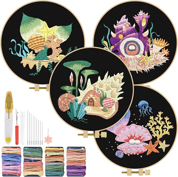 TINDTOP 4 Pack Embroidery Kit for Adult Beginners, Embroidery DIY Starter Kit, with Ocean Shell Stamped Patterns, Hoop, Tools, Colorful Threads with Needles, Instructions