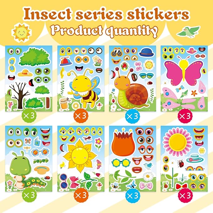 24 sheets make your own stickers for kids, insect & plant theme sticker, spring stickers with bees, butterflies, flowers for classroom rewards, birthday party favors
