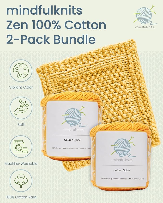 Knitting Yarn, Crochet Yarn, Mindfulness and Relaxation 100 Percent Cotton Yarn, Single Color 2-Pack - Medium Number 4 Worsted Bundle, Soft & Gentle for Garments, Amigurumi, Baby Items by mindfulknits
