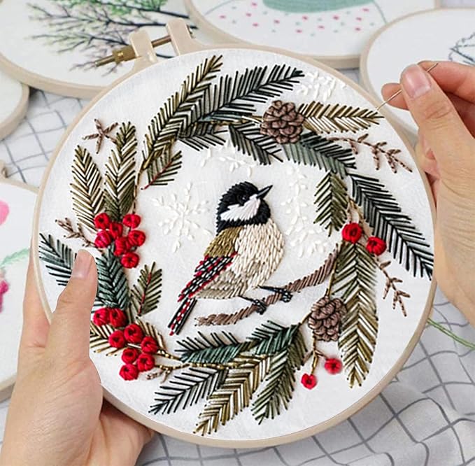 Huacan Embroidery Kits for Adults Beginner DIY Cross Stitch Stamped Christmas Pattern Stitching Wreath Sewing Kit 1 Piece 7.8 x 7.8 Inch