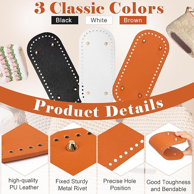 Coitak 3+6 PCS Bag Bases for Crochet with Braided Purse Handles for Bag Making, 2 PCS Crochet Hooks, 3 Colors Leather Purse Bottoms for Crocheting, 12 Inch Handbag Handles (White, Black, Brown)