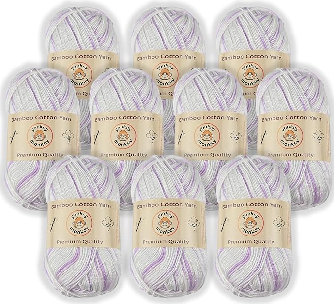 10-Pack of Yonkey Monkey 500 Grams Yarn - 70% Rayon derived from Bamboo, 30% Cotton - Imported - Purple White 9041