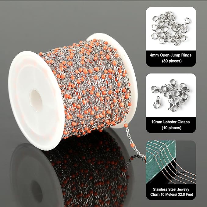 UMAOKANG 33 Feet Stainless Steel Jewelry Chains Bulk for Women Necklace DIY Orange Enamel Beaded Chain for Jewelry Making with Jump Rings and Lobster Clasps