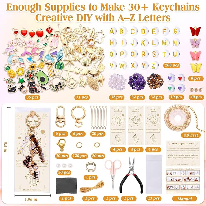 TOHONGADON 674 Pcs Lip Gloss Charms, Keychain Making Kit, Bag Charm Kit with 3 Kinds of Crystal Stones, 322 Charms, 12 Keychain Clips, Key Ring Jewelry Plier, Extender Chain for DIY Crafting