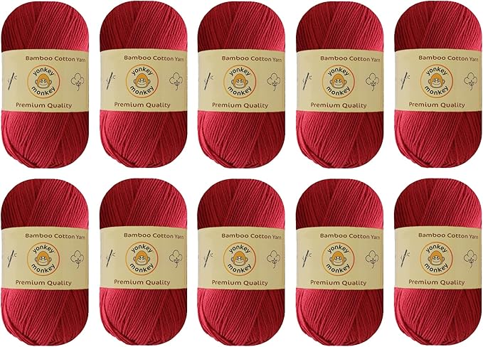 10-Pack of Yonkey Monkey 500 Grams Yarn - 70% Rayon derived from Bamboo, 30% Cotton - Imported -Ruby Red 9007